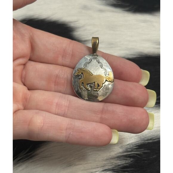 Native American Sterling Silver Gold Filled Horse Pendant Signed RJ Roger Jones